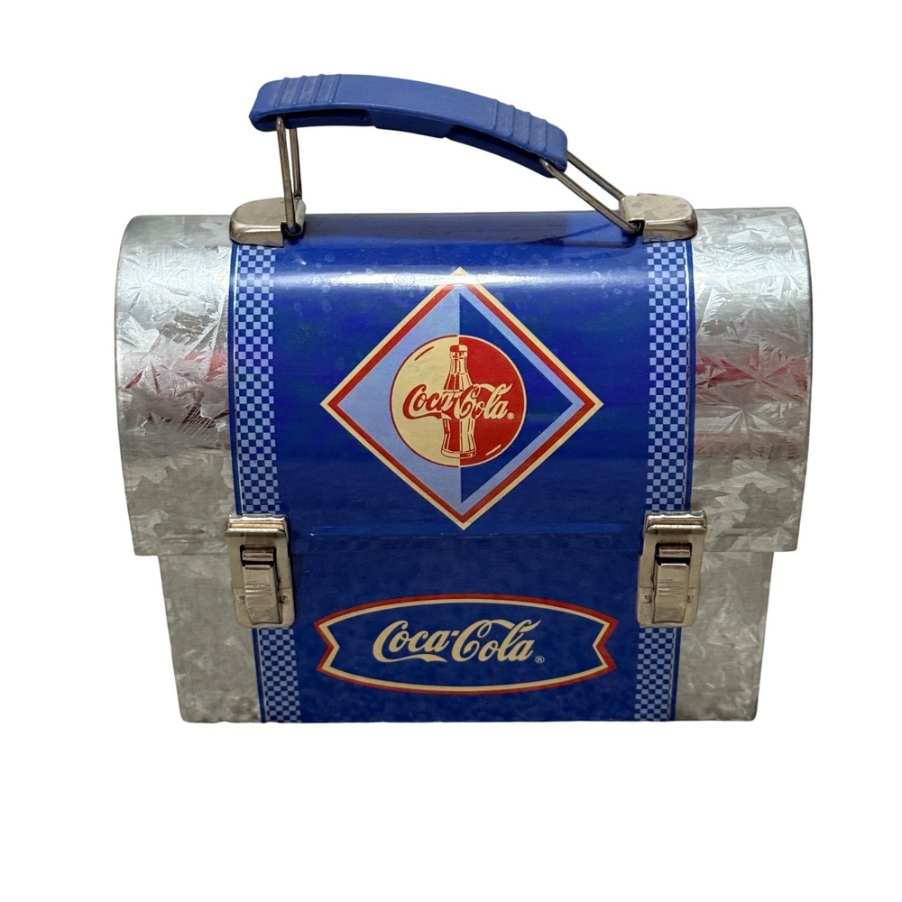 Coca-Cola Workbox Tin Lunch Box Dome Top Metal Latch Blue Silver 6x5x3.25 2002